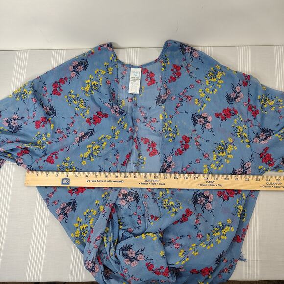 Blue Floral Open Front Kimono Cardigan w/‎ Fringe Hem & Lace Sheer Boho Cover Up - Picture 10 of 11